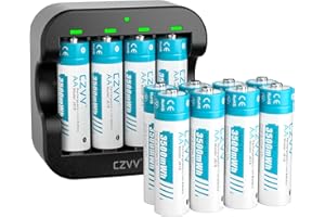 czvv Akumulatory AA litowe 1,5 V – wysoka pojemność 3500 mWh – 1300 cykli ładowania – 12 sztuk akumulatorów z ładowarką, szybkie ładowanie 2 godziny, stałe wyjście, niski poziom samorozładowania