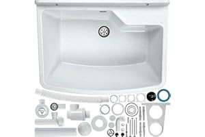 GOSPO Fregadero de 61 cm x 44 cm x 23,5 cm, lavabo de plástico, lavabo con rebosadero, sifón, fregadero con accesorios, lavandería, lavabo de jardín (blanco/gris)