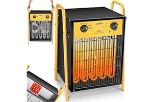 MASKO® Elektroheizer Heizlüfter Bauheizer Keramik Heizstrahler elektrisch Heizgerät mit Thermostat Elektroheizer mit 3 Heizstufen, Heizgebläse für Innen- und Außeneinsatz (Gelb, 9 KW - Eckig)