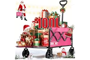 Overmont Klappbar Bollerwagen mit Faltbarer Heckklappe - Alle Gelände Räder - 100L mit Seitentaschen Getränkehalter Verstellbarem Griff - bis 100 kg Tragkraft Rosa