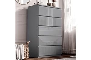 Blisswood High Gloss Chest of Drawer, 5 Drawer Bedroom Chest of Drawer Bedside Table Cabinet for Bedroom Living room Furniture, Grey, 70W x 40D x 115H cm
