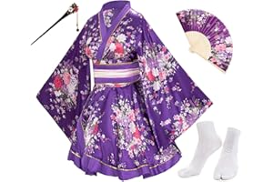 Elibelle Japanese Anime Women's Dance Kimono Robe Fancy Dress Hand Held Silk Folding Fans Tabi Hairstick Socks set
