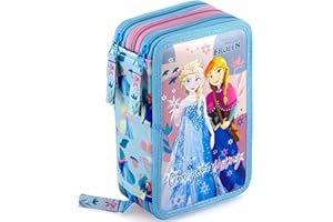 Clondo Trousse Scolaire Complète 45 Pièces pour Fan de La Reine des Neiges Frozen – Kit Créatif Triple Compartiment avec Ciseaux, Crayons, Feutres – Idée Cadeau Fille Bleu avec Elsa et Anna