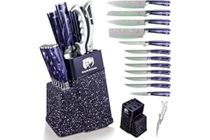 FULLHI 14tlg. Block Messerset, Kochmesser Steakmesser Set mit Block und Schärfer, Küchenmesser Set, Mehrfarbiger Griff, Geschenke für Männer Frauen (Résine violette)