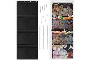 RZMAYIS Stuffed Animal Storage, with 4 Large Pockets, Over The Door Organizer Storage for Closet, Baby, Plush Toy, Hanging Door Organizer for Nursery, Bedroom, Bathroom, Kids Room (Black)