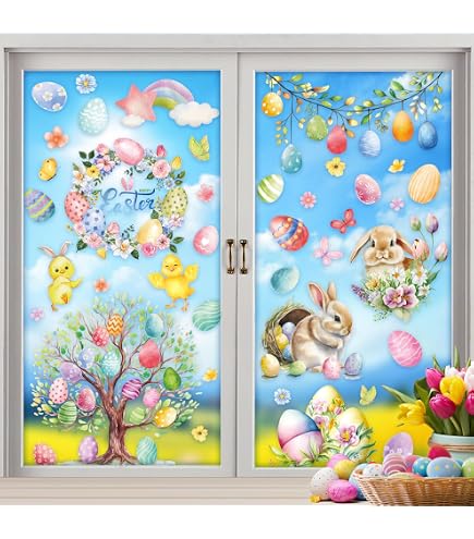 87 Autocollants Pâques Fenêtre - Lapins, œufs Motifs - Réutilisables - Faciles à Poser - DIY Déco