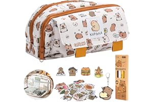 FYSL Estuche Capibara Escolar - 3 Compartimentos con 4 Bolígrafos, 60 Stickers y Llavero - Estuche Grande Resistente para Niños/Niñas - Colegio, Universidad o Viajes (Diseño Kawaii)