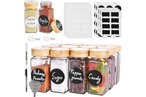 YNUDR Miorkly 12 Spice Jars with Labels, 4oz Square Glass Spice Jars with Airtight Bamboo Lids and Shaker Lids, Cooking Spice Containers, Seasoning Jars Bottles Set for Spice Rack Cabinet Drawer