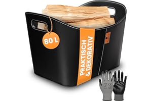 BLACK OAK DAKOTA XL 80L Holzkorb für Kaminholz - Kunstleder schwarz 45kg Traglast - 80 Liter 56x43x36cm - Kaminholzkorb Holzkorb Brennholzkorb Tasche Korb für Holz Transport & Aufbewahrung schwarz