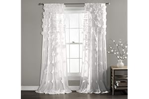 Lush Decor Riley Window Curtain Panel - Charming Handmade Bow Details - Elegant Light Filtering Single Curtain for Living Room, Dining Room, or Bedroom - 54" W x 84" L, White