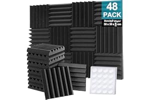 48 Pack Set Acoustic Foam Panels, 2" x 12" x 12" Sound Proofing Panel, Foneso Acoustic Wall Panels, Black Sound Absorbing Panel for Studio/Podcast Recording/Playrooms/Offices (Wedge Tiles)