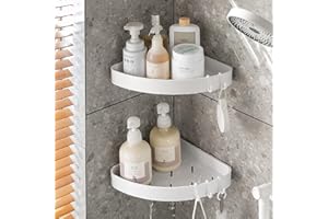 Toski Regał Narożny Prysznicowy, Bez Wiercenia, Półka Do Zawieszenia, Biała, 2 Sztuki, 4 Haczyki, Do Łazienki i Kuchni