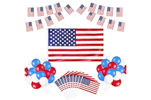 LEIKEDUN 61 Drapeau Américain, Grand Drapeau Américain 90×150cm, 5M Guirlande de Bannière, 10 Drapeaux Américains à Main, 30 Ballons de Amérique, Décoration de Fête Sur le Thème du Patriotisme Anniversaire