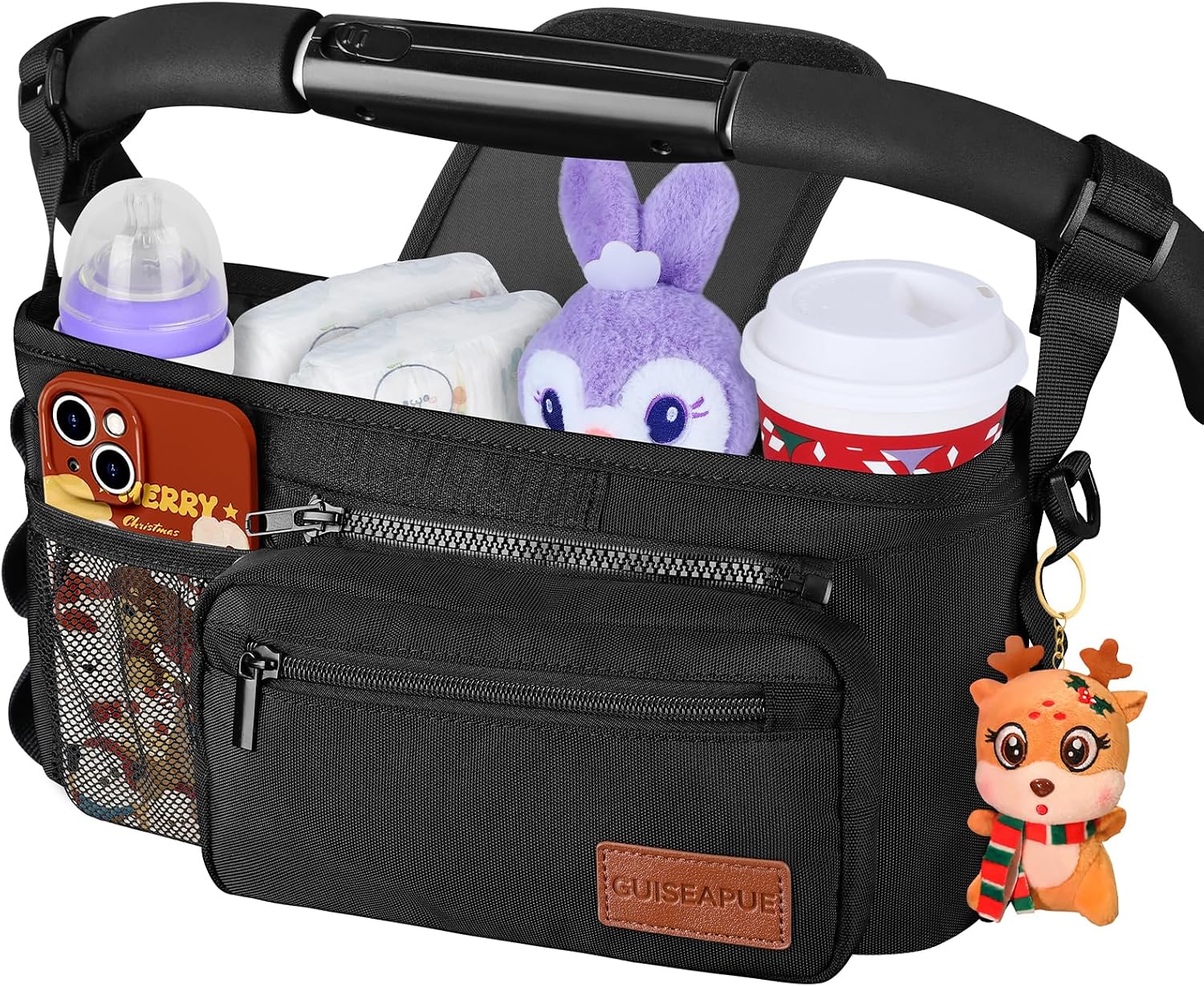 Guiseapue Pram Organiser Bag with Cup Holder: Large Capacity Pram Cup Holder with Non Slip Strap, Baby Diaper Bag Universal Pram Accessories, Baby Essentials for Newborn, Gifts for New Mum