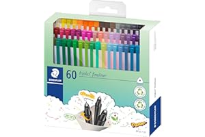 Staedtler 334 C60. Rotuladores de colores brillantes de punta fina Triplus Fineliner. Punta revestida de metal, ergonómico, lavable - Pack de 60 marcadores.