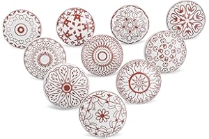 Ajuny Lot de 10 boutons en céramique imprimés rouges et blancs pour portes de placard, tiroirs et poignées de meubles pour armoires de cuisine, salle de bain, commodes, tiroirs Boutons décoratifs en