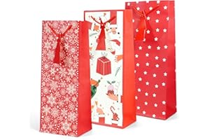 Kraft & Co. 3 Pack Christmas Wine Bottle Gift Bags, 200gsm Kraft Paper with Rope Handles, Eco-Friendly Recyclable Holiday Packaging, Fits Standard Wine Bottles, Festive