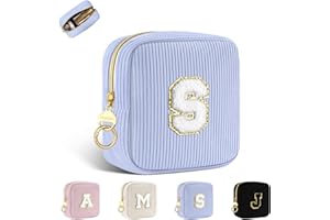 PLAYEXEN Mała, spersonalizowana kosmetyczka, mała sztruksowa kosmetyczka damska, przenośna, podróżna torba na przybory toaletowe, organizer na przybory toaletowe, spersonalizowane inicjały, urodziny dla