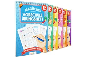 Edubini Magische Vorschule Übungshefte ab 5 Jahren für Junge & Mädchen - [6 Hefte + Stift] - Wiederverwendbare Schreiblernhefte für Vorschule - Buchstaben lernen, Schreiben lernen (6er Set)