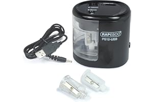 Rapesco 1449 Sacapuntas Eléctrico Automático PS12-USB con Carga USB o Baterías (no incluidas), Negro