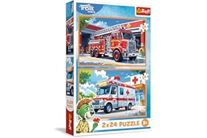 Trefl - Puzzle 2w1: The Treflik Family, Straż Pożarna i Karetka - 2 x 24 Elementy, Zestaw Dwóch Układanek dla Dzieci od 3 lat