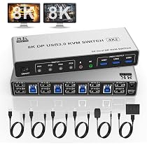 8K@60Hz DisplayPort KVM Switch – 4 Computer An 2 Monitore Anschließen, Mit USB 3.0 & Audio (DP 1.4, Dual Monitor)