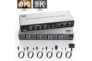 RYTAKI 8K@60Hz Displayport USB 3.0 KVM Switch 2 monitores para 4 ordenadores 8K @ 60Hz 4K @ 144Hz, DP1.4 Dual Monitor Displayport KVM Switch 4 puertos con salida de audio y 3 USB 3.0, 8K DP Monitor Switch
