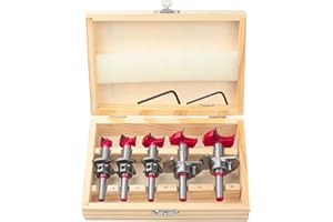 BAIDETS 5-częściowy zestaw wierteł Forstner – regulowane wiertła pozycjonujące, wiertło do drewna Forstner 15/20/25/30/35 mm, wiertło do otworów na zawiasach z ogranicznikiem głębokości (10-40 mm)