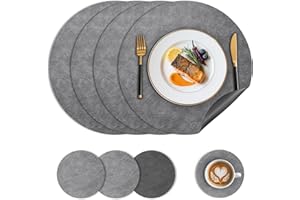 Nymblis Leather Round Placemats Set of 4, Washable & Non-Slip Table Mats and Coasters, Dual-Sided PU Place Mats for Table, Wipeable and Waterproof(Grey)