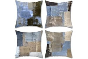 JEMIIPEE Confezione da 4 Fodere per Cuscini Opera d'Arte Contemporanea Copricuscini Decorativo 45x45 cm Federe Cuscino Quadrato per Divano Casa Soggiorno Decorazione Interna, Abbronzatura Chiara e Blu Ardesia