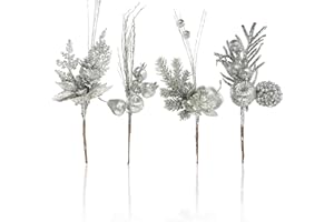 com-four® 4X Deko-Gesteck, dekorative Zweige als tolle Weihnachtsdekoration, schöner Raumschmuck, verschönert Geschenke auch für Kränze und Blumenarrangements DIY (4X silberfarben - mittel)