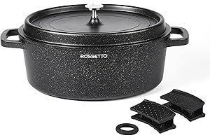 ROSSETTO 10,6L Cocotte ovale en fonte d’aluminium, revêtement antiadhérent en céramique. Couvercle avec picots saveurs. Compatible tous feux dont induction et au four jusqu’à 230℃, 38CM, Noir