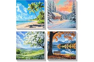 Bowetile 4 Pièces à Numéros Enfants Débutants Paysage Avec Cadre, Peinture à Numéros de 4-8-12+ Ans Fille et Garçon, DIY Peinture Acrylique pour Décoration de la Maison 20×20cm