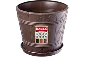 KADAX Macetero con platillo, para interiores y exteriores, aspecto de madera, resistente a la intemperie, para flores, jardín, balcón (17 cm de diámetro, marrón)