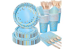 DN DENNOV 168 Pièces Ensemble D'assiettes en Papier Jetables Bleu⩔,Vaisselle de Fête Papier Assiette Serviette Tasses Avec Pailles Cuillère Fourchette Couverts Pour Mariage Anniversaire Décoration