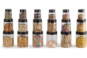 CELLO Checkers Kitchen Storage Container Box Set of 18 Pcs Grey (6x300ml, 6x650ml, 6x1200ml) | Transparent Unbreakable Fridge Safe Stackable Airtight Storage Canister Set For Spices Dry Fruits Grains