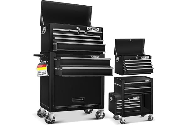 MASKO® Servante d'atelier avec valise - 9 compartiments verrouillables - En métal massif - Chariot à outils mobile sans outils - Professionnel - Chariot de rangement d’outils avec serrure - Noir
