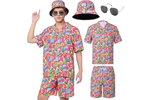 Matreeglam Men's Hawaiian Shirt Shorts Set Summer Short Shirts Classic Print Shirts with Bucket Hat Glasses for Tropical Beach Holiday