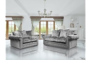 HHI Silver Crushed Velvet sofas for living rooms- 3 and 2 seater sofa Suite sets with Scatter back cushions Discount Offer on sofas & couches cheap