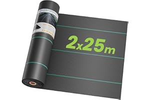 OUNUO 2 x 25 m Malla Antihierbas, Malla contra Malas Hierbas, 90 g/m² Geotextil, Protección césped Artificial, Lona antimalezas jardín, Anti-UV, Negro