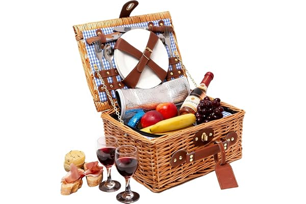 eGenuss Panier de Pique-Nique en Osier Naturel Bleu – 2 Personnes – Service Complet avec Vaisselle en Céramique & Verres à Vin – Grand Compartiment Isotherme