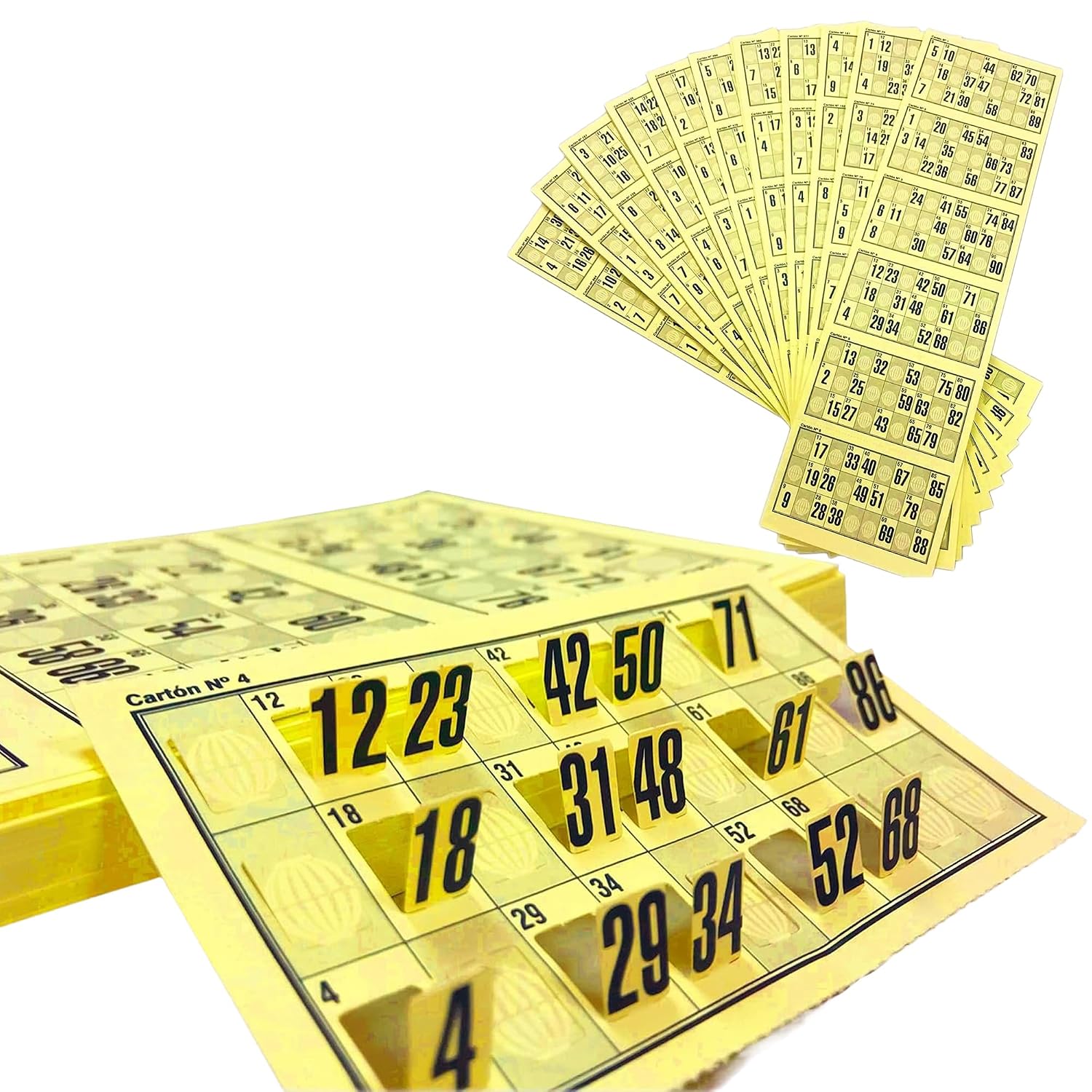 Genérico 960 Cartones Bingo Troquelados Reutilizables 90 Bolas – Cartones de Bingo, Serie Completa Numerada, Juego Tradicional para Eventos y Asociaciones, Pack Completo Listo para Jugar (Amarillo)