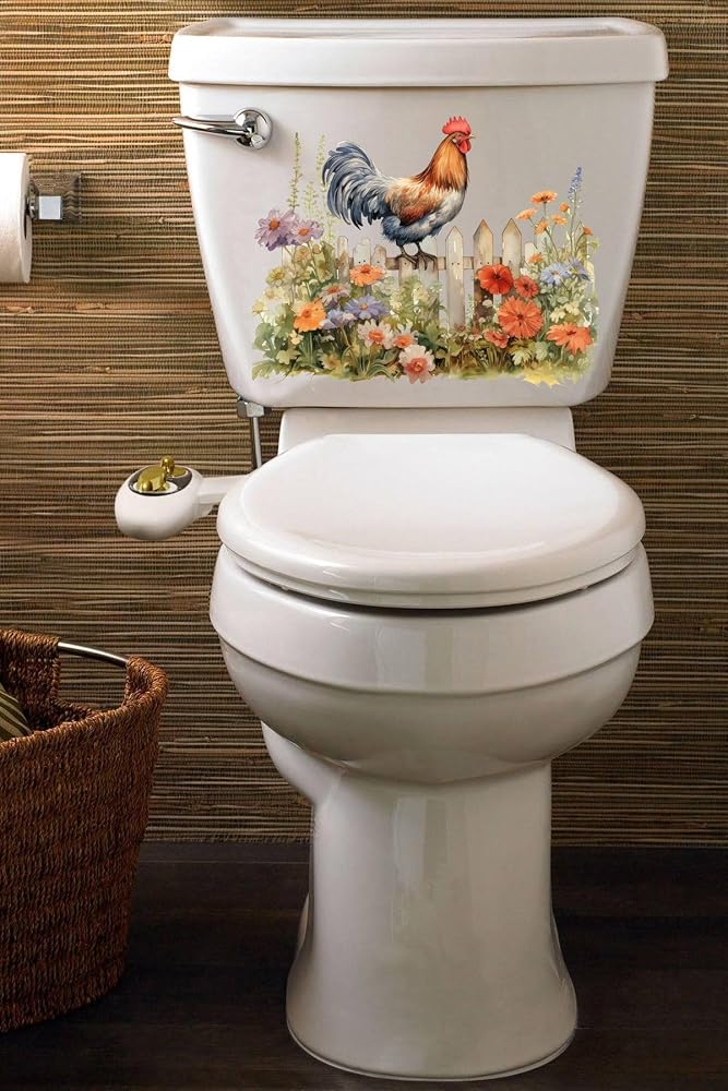 Sevimli Horoz ve Renkli Güller Temalı Klozet Sticker Banyo Sticker