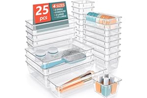 CLUHERTVY Organizador de Cajones de 25 Piezas en 4 Tamaños, Organizador de Plástico Transparente, Organizador de Baño, Organizador de Cosméticos, Se Puede Utilizar en Cocina, Oficina, Armario