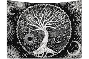 DECORDWELL Tapisserie murale arbre de vie, 150 x 130 cm, motif soleil, lune, noire, pour chambre à coucher, esthétique, maison, salon, dortoir (noir et blanc)