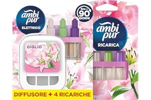 FEBREZE Ambi Pur 3Volution Profumatore per Ambienti, Diffurore Elettrico e 4 Ricariche, Fragranza Giglio, tecnologia Elimina Odori, Fino a 90 Giorni di Profumo per Ricarica