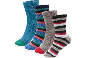 GM Apparel Boys Kids Fluffy Slipper Socks – Non-Skid Gripper – Bed Sock – Super Soft Fuzzy – Cosy Thermal – Strips – Pack of 4 Pairs