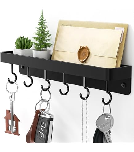 HapiRm Sleutelhouder voor aan de muur - sleutelhaken wandmontage met houten dienblad en 6 haken, woondecoratie, sleutelrek, postorganizer, sleutelhanger voor hal, entree, kantoor, modderkamer