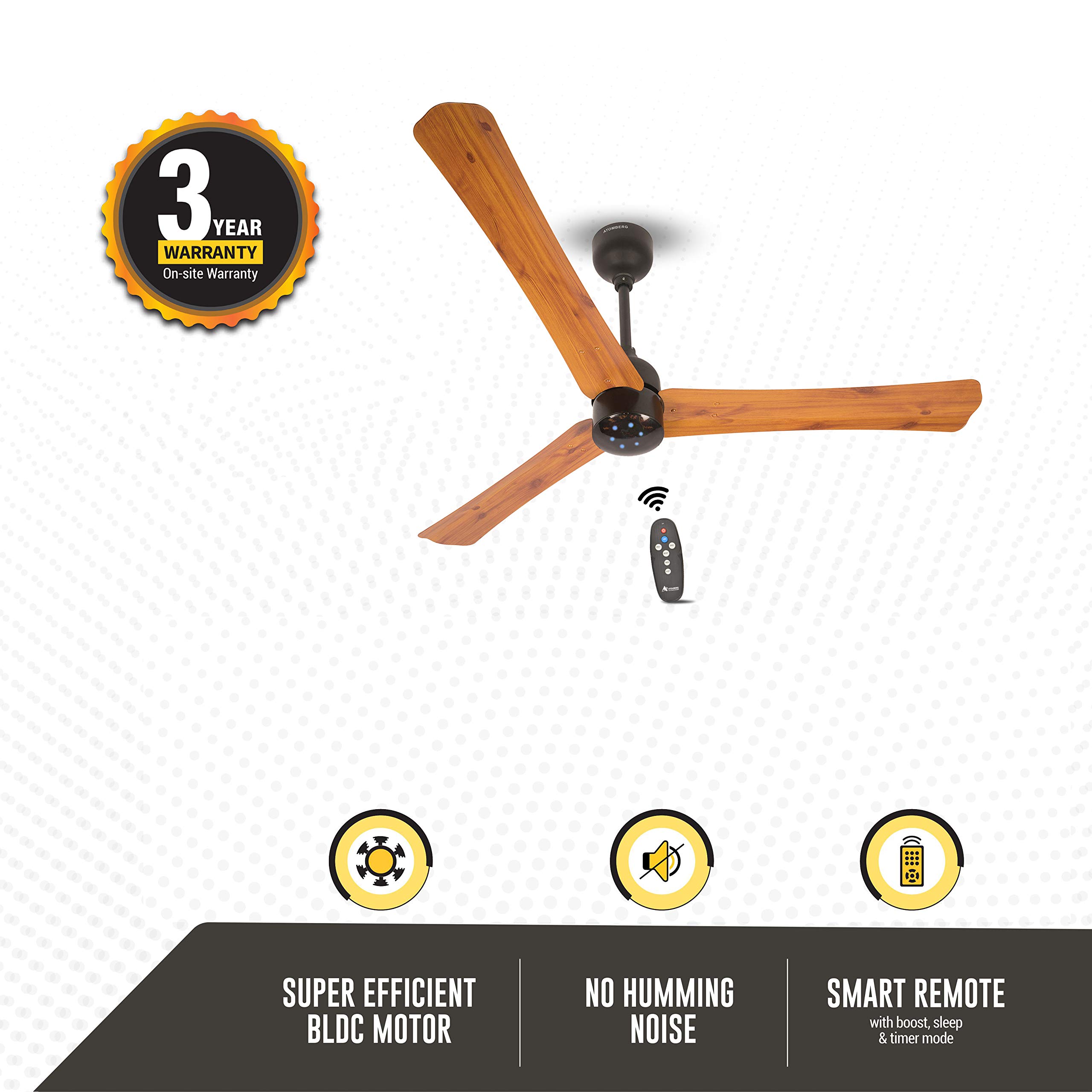 atomberg Renesa+ 1200mm BLDC Ceiling Fan with Remote Control | BEE 5 star Rated Energy Efficient Ceiling Fan | High Air Delivery with LED Indicators | 2+1 Year Warranty (Golden Oakwood)