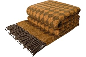 LYHome Bardzo Ciepły Koc z 100% Nowozelandzka Wełna. Wzór: Skandynawski Romby. Pled na Łóżko, Kanapę, Sofę, do Salonu, Sypialni. Koc Duzy i Ciepły 140 x 200 cm/Musztardowy z Brązowym